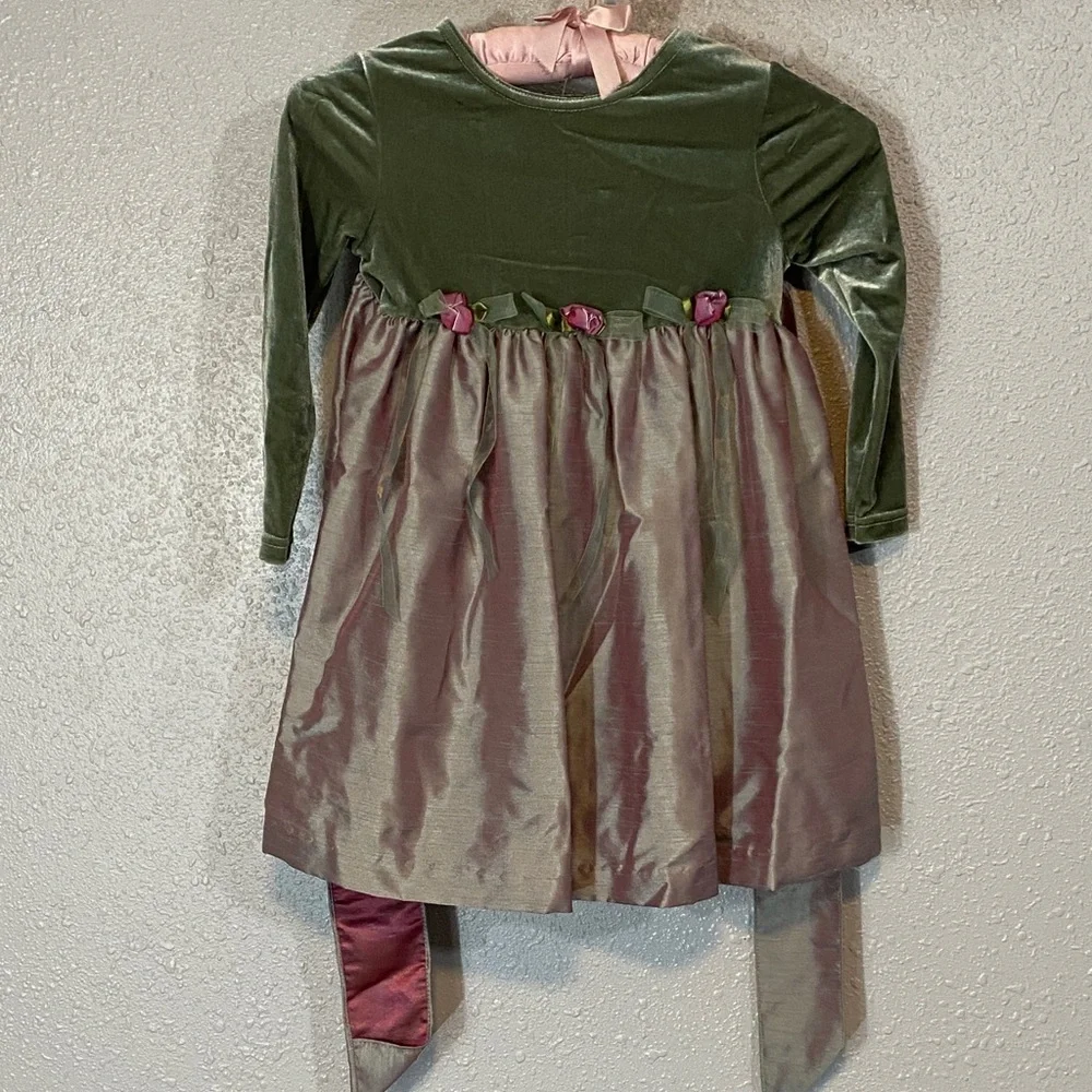 VNTG Bonnie Jean Velvet Green and Pink Kids Dress